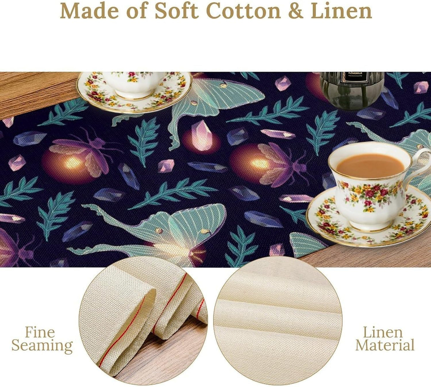 Moth Table Runner, Retro Boho Aesthetic Blue Moth Magic Table Runner for Home Kitchen Dining Party Indoor Outdoor Decoration 13x70 Inch