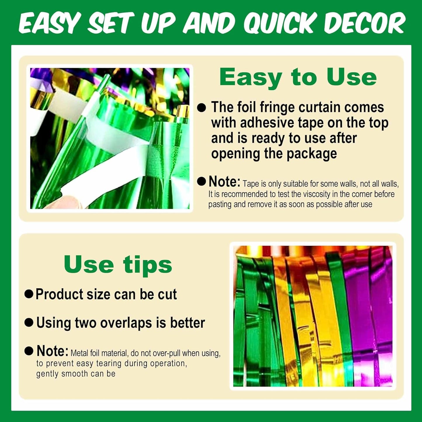 3 Pack Gold Green Purple Foil Fringe Curtains Backdrop, 3.28 x 9.8 Ft Metallic Streamers Tinsel Curtains Background for Photo Booth, Birthday, Halloween, Christmas, New Year Party Decorations