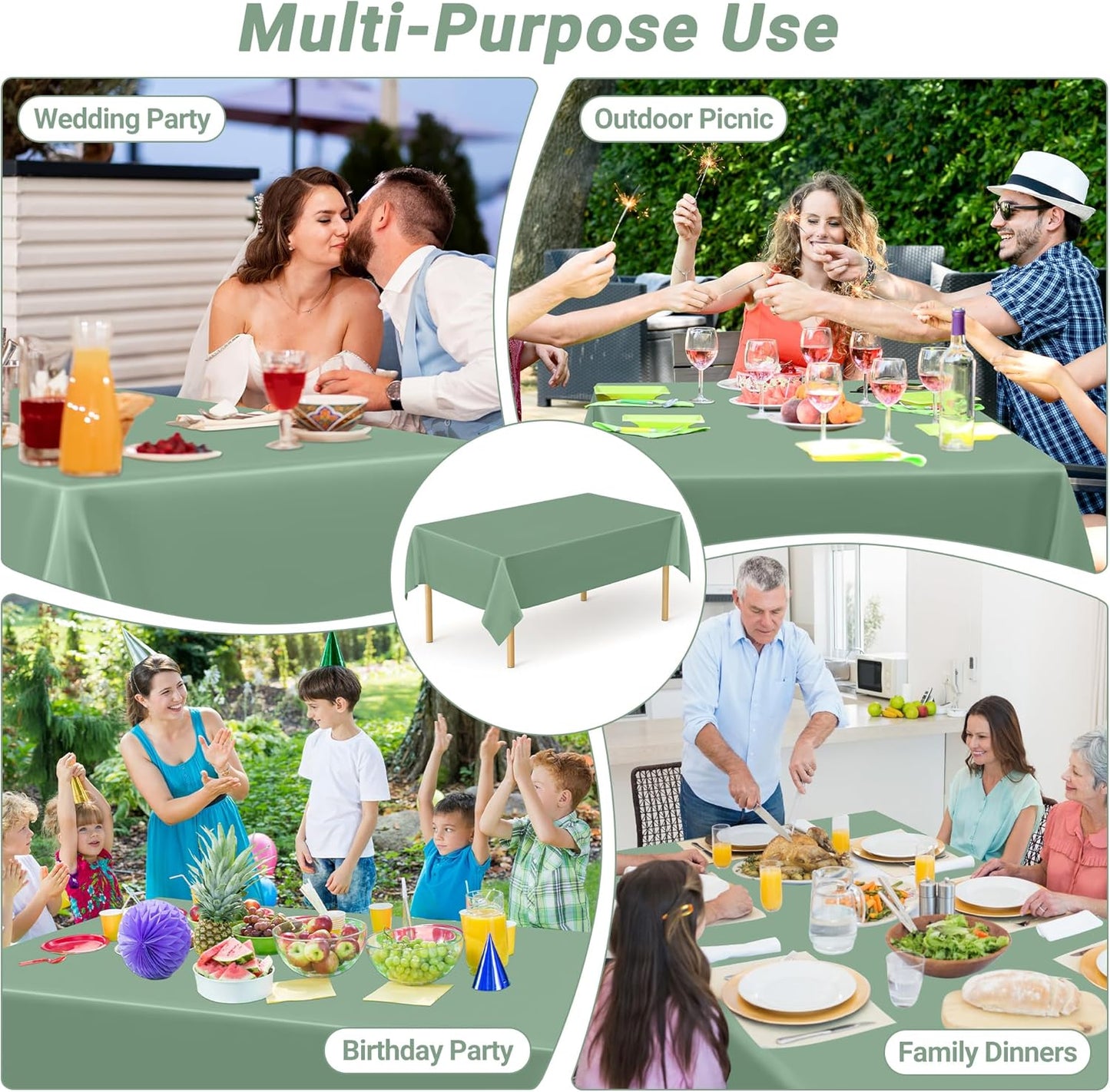 4 Pcs Picnic Table Cover, 54" X 108" Table Cloth Rectangle Table, Disposable Sagegreen Plastic Table Cover, Waterproof Tablecloths for Wedding, Baby Shower Decorations and Birthday Party Supplies