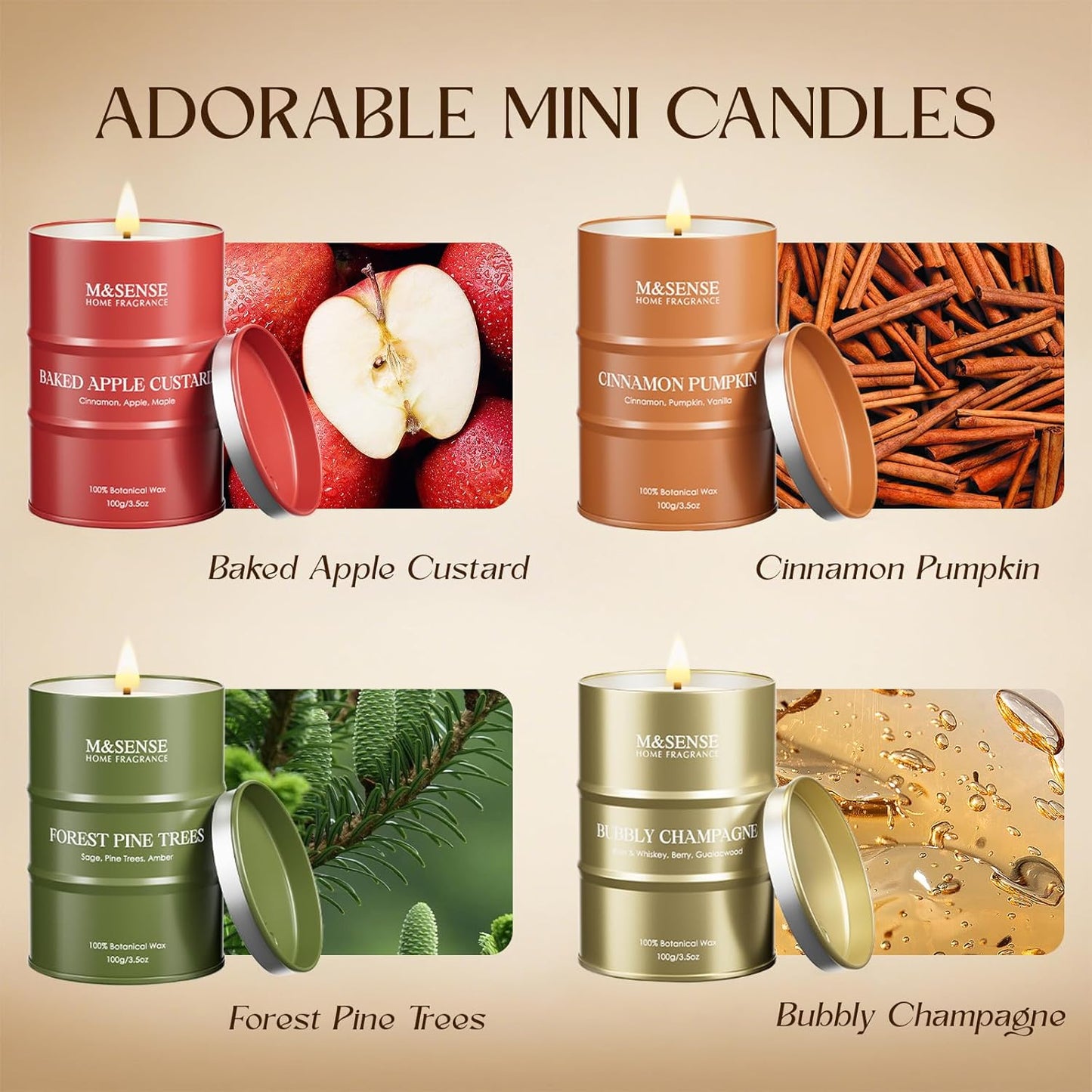 Fall Candles Set | Mini Scented Candles Gift Set | 4 Pack Candles for Home Scented Candle,Apple Pumpkin Cinnamon Pine Champagne Candle,Gift Set for Women and Men,Soy Wax 14 oz 86 Hour