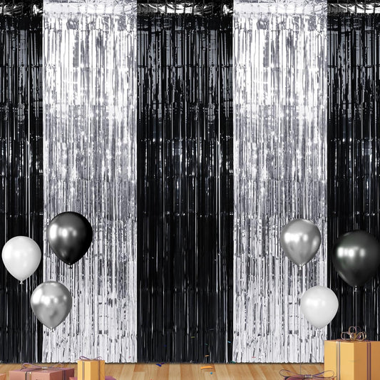 3 Pack 3.3Ft x 6.6Ft Graduation Foil Fringe Curtain Backdrop Decorations, Black Silver Metallic Tinsel Foil Streamers Curtain Photo Background for Graduation Prom Wedding Birthday Party Decorations
