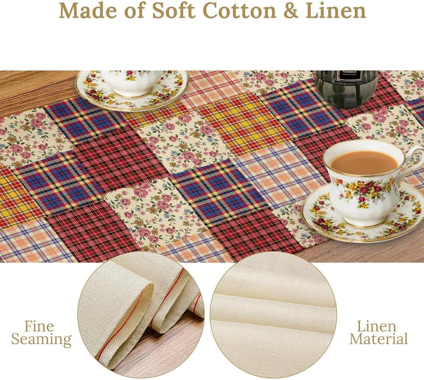 Patchwork Table Runner, Boho Vintage Floral Checkered Plaid Bohemian Paisley Flower Farmhouse Table Center Decor for Home Kitchen Dining Patio Holiday Party Indoor Table Decorations, 13"x90" Inch