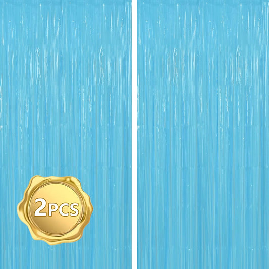 BEISHIDA 2Pcs Light Blue Door Streamer Fluorescent Blue Backdrop Blue Foil Fringe Curtains Tinsel for Birthday Baby Shower Backdrop Wedding Party Decoration (3.28 ft x 6.56 ft)