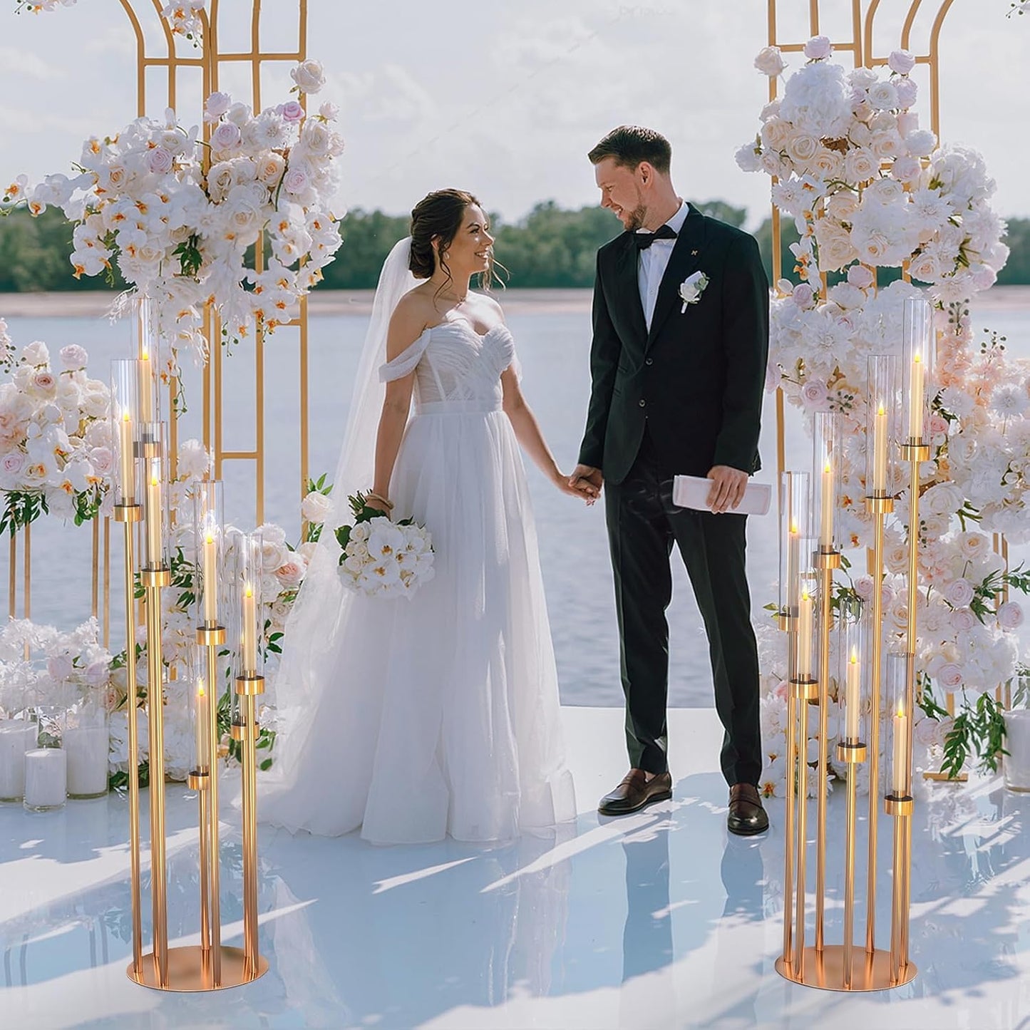 46.5'' Floor Candelabra 7 Arms Floor Candle Holders for Wedding Gold Candle Sticks Holder Decor Metal Candlestick Set with Acrylic Lampshades for Home Party (7 arm Round 46.5in)