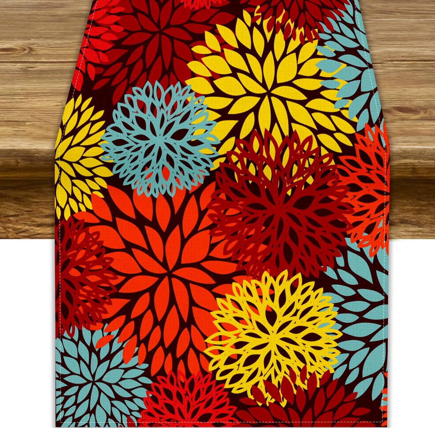 Red Yellow Dahlia Table Runner, Seasonal Autumn Thanksgiving Pattern Print for Home Kitchen Table Decor Dining Coffee Room Party Decor 13x90 Inch