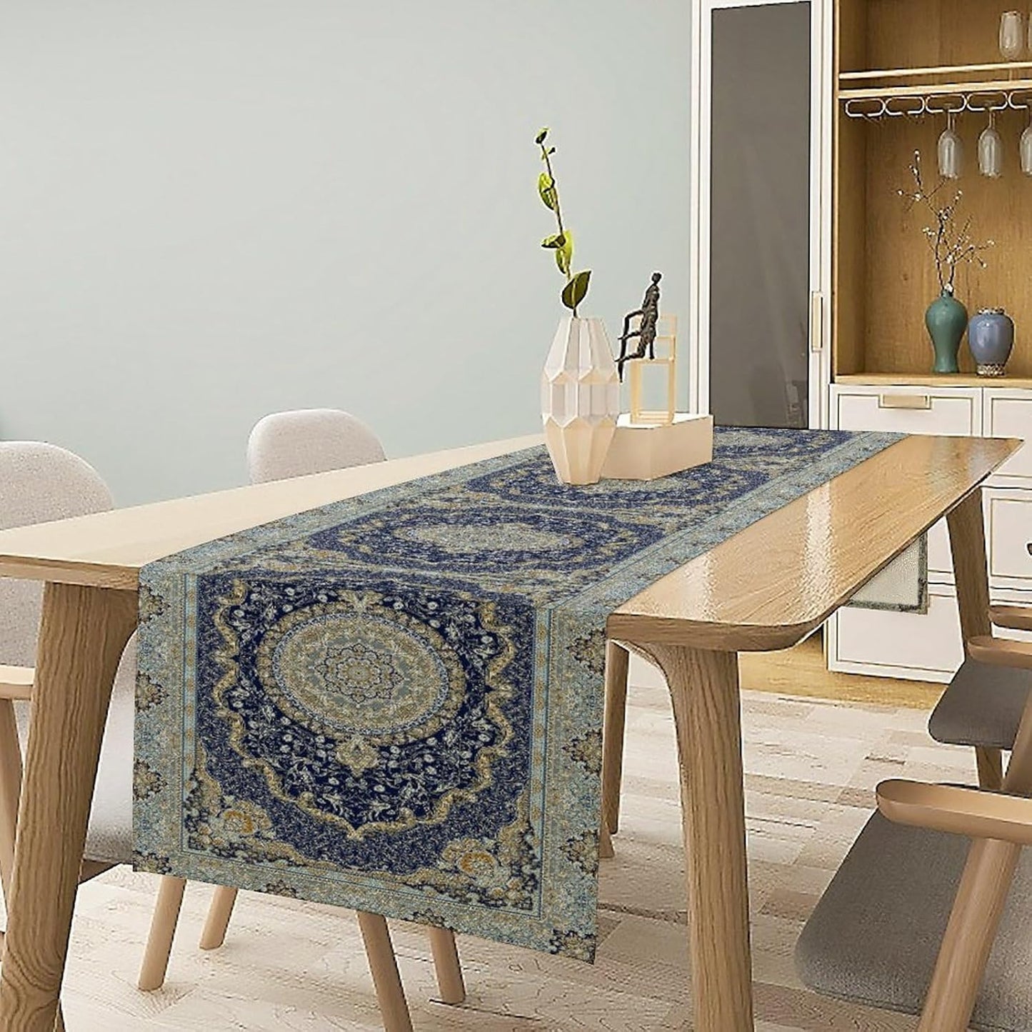 Boho Bohemia Style Blue Teal Table Runner, Country Rustic Farmhouse Magical Abstract Print Pattern for Home Kitchen Table Decor Dining Coffee Room Garden Party Decor 13x90in