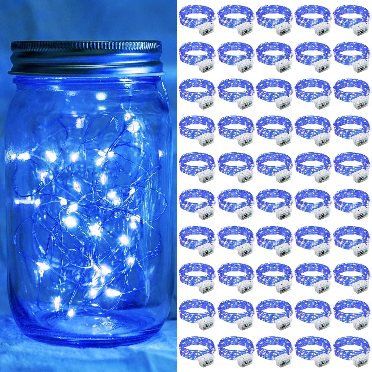 50 Pack Blue Fairy Lights 7Ft 20 LED Twinkle String Lights 3 Modes Battery Operated Waterproof Firefly Starry for Mason Jar Party Wedding Christmas Valentines Day Table Centerpieces
