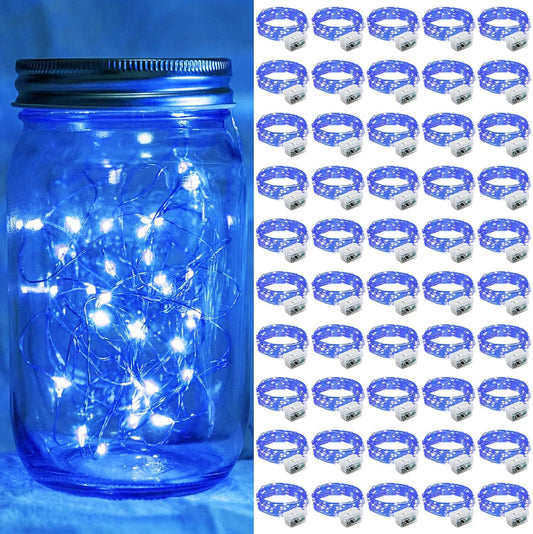 50 Pack Blue Fairy Lights 7Ft 20 LED Twinkle String Lights 3 Modes Battery Operated Waterproof Firefly Starry for Mason Jar Party Wedding Christmas Valentines Day Table Centerpieces
