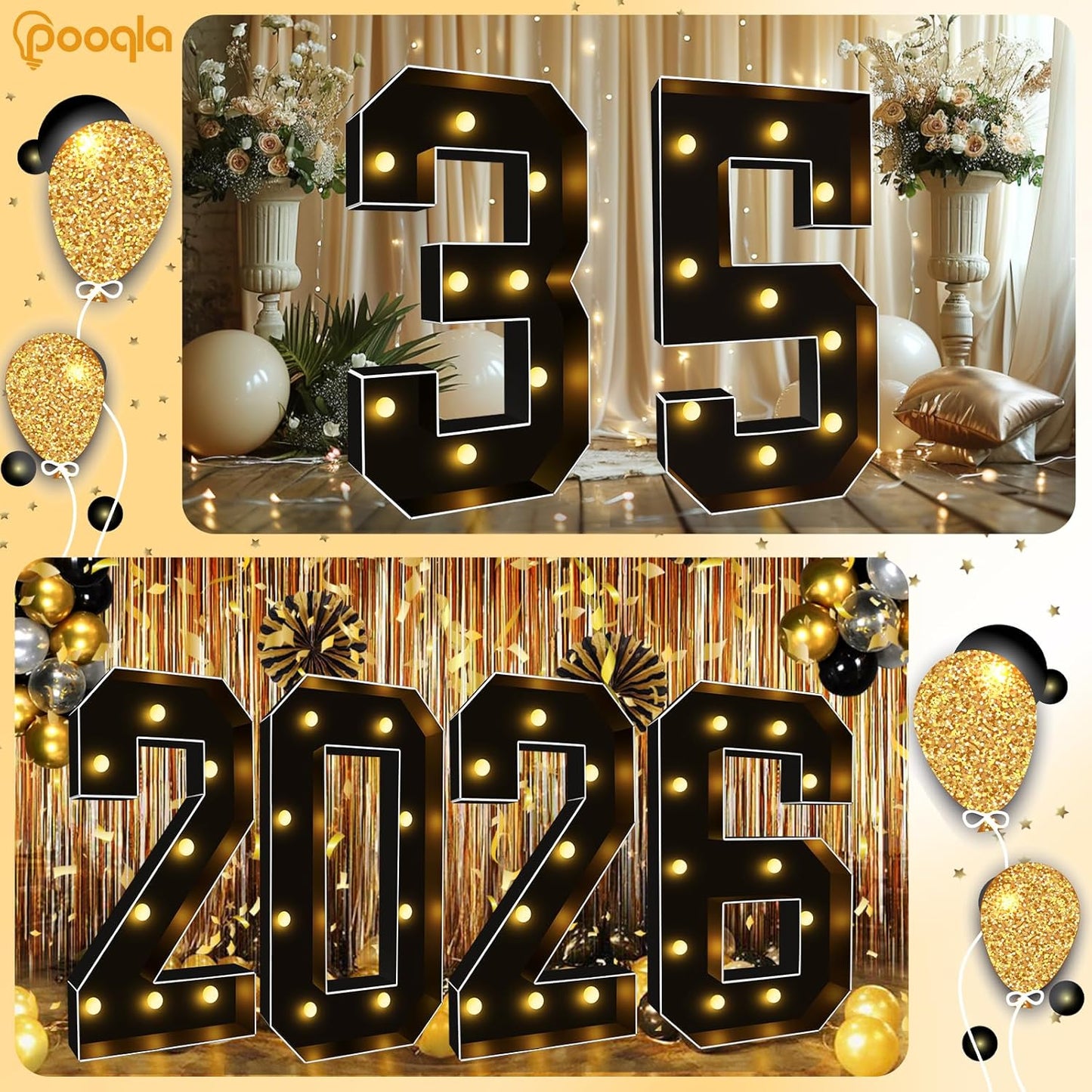 Pooqla 3FT Marquee Light Up Numbers, Black Lighted Party Decor for her him Women Men, Giant Mosaic Light Up Numbers for 4th 14th 40th Birthday Anniversary Decoration, Number 4