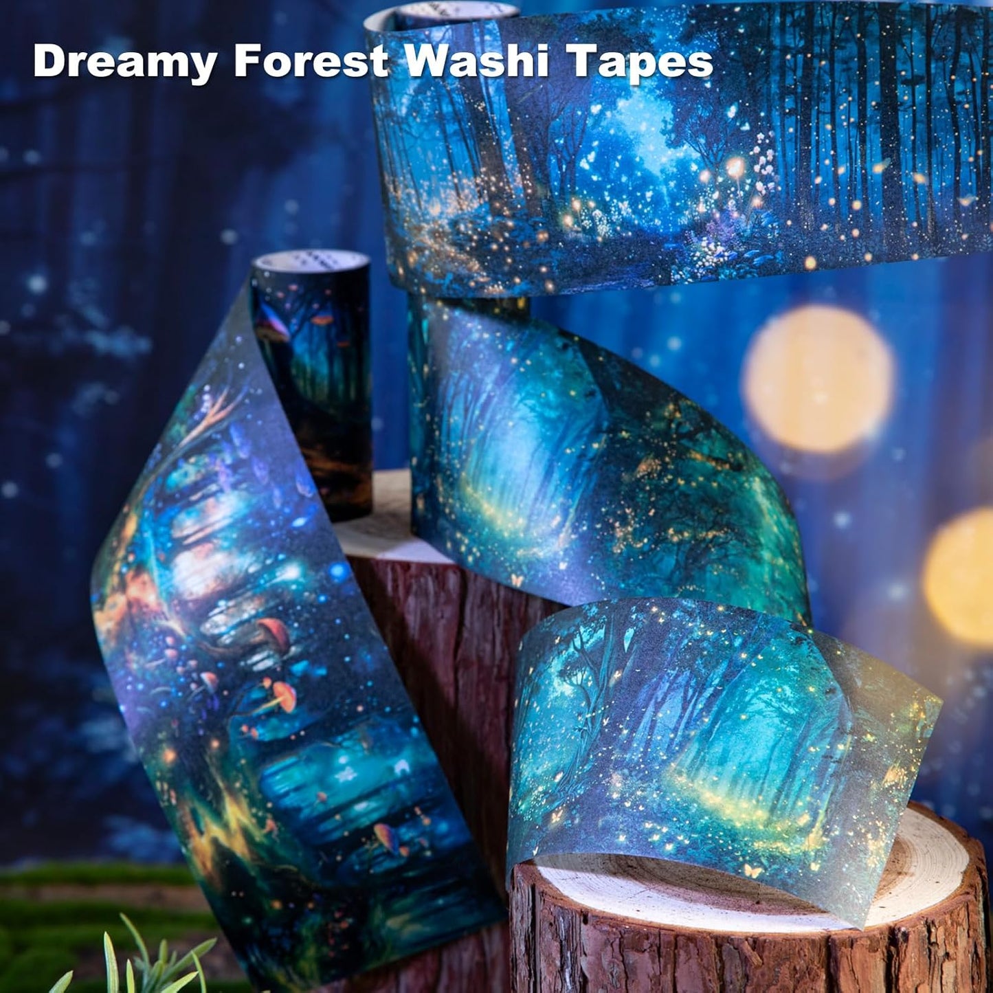 Night Forest Seamless Washi Tape Scrapbook Kit – 6 Rolls with Starry Sky, Fairy Woods & Twilight Designs for Journaling, DIY Crafts, Gift Wrapping, Card Making, Decoration, 3.15in Wide