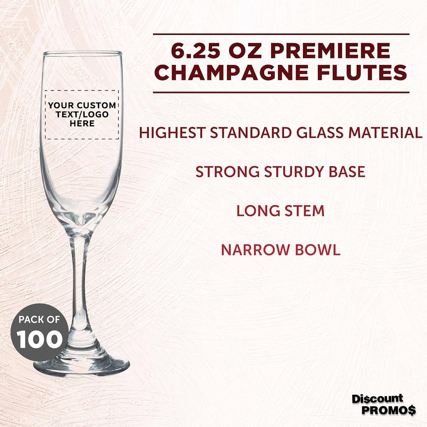 DISCOUNT PROMOS Custom Premiere Champagne Flutes 6.25 oz. Set of 100, Personalized Bulk Pack - Elegant Drinkware for Weddings, Events, & Promotional Gifts - Clear