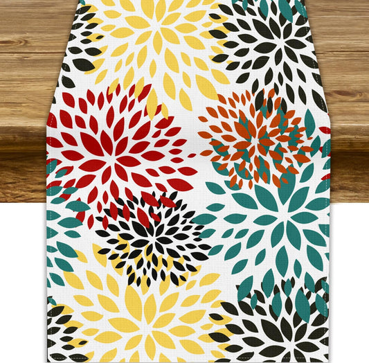 Green Red Dahlia Flower Table Runner Chrysanthemum Geometric Kitchen Dining Bedroom Living Room Table Decor for Indoor Outdoor Home Party, 13x70 Inch