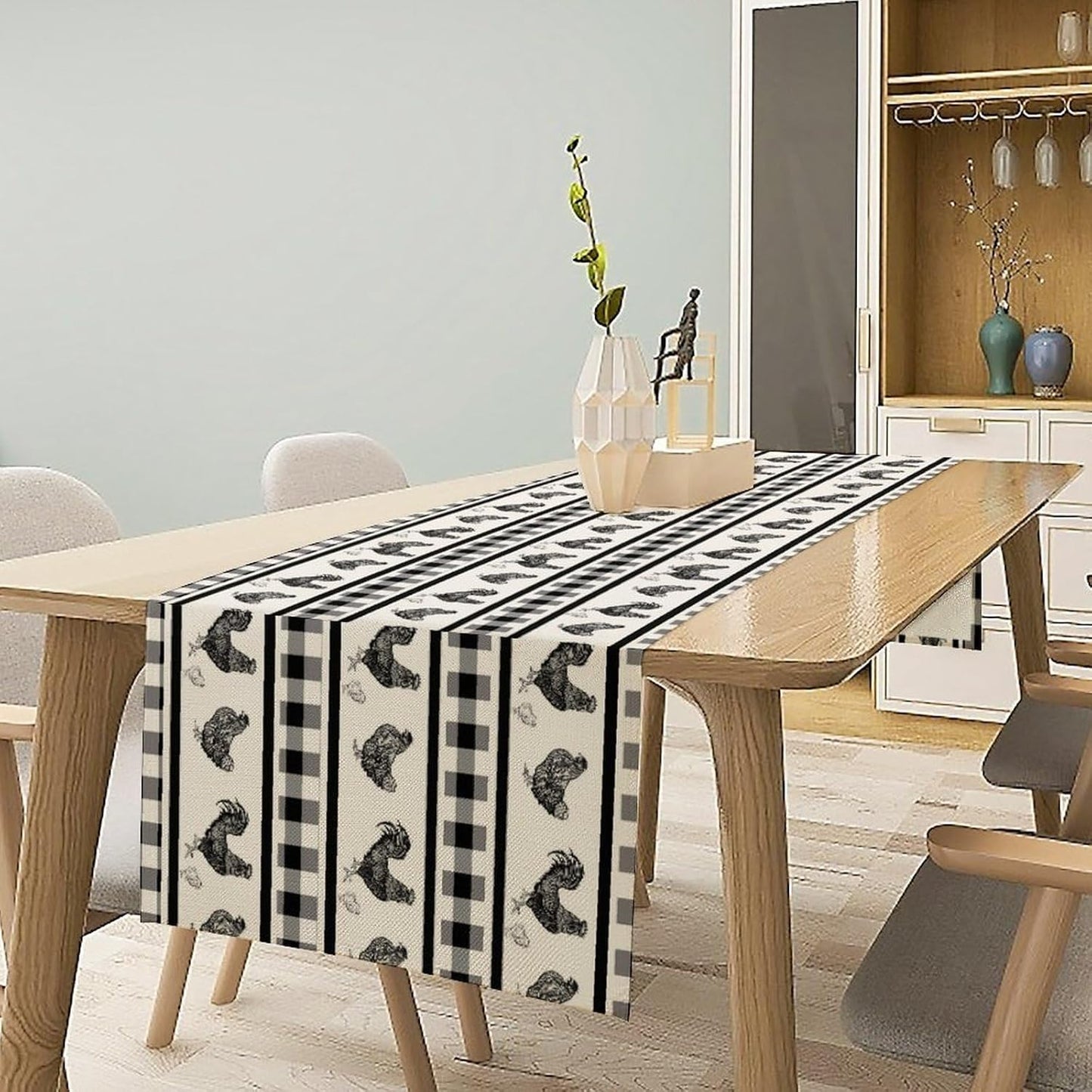 Rooster Table Runner,Farmhouse Animal Vintage Chicken Black White Plaid Check Tablecloth Burlap for Hotel Indoors Outdoor Dining Room Kitchen Home Decor,W13X L60 in