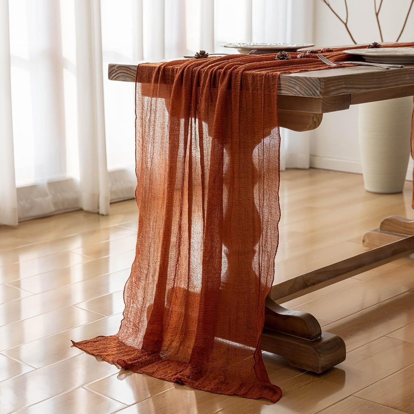 3pcs Fall Terracotta Table Runner Rust Gauze Rustic Cheesecloth 120 Inch 10 FT for Wedding Baby Shower Bridal Shower Birthday Engagement Garden Party Sheer Boho Thanksgiving Decorations