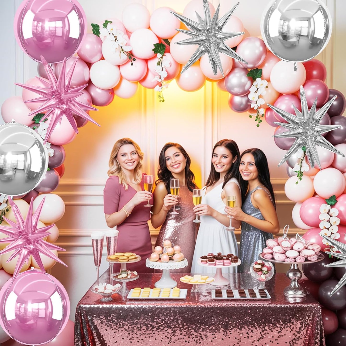 6Pcs Pink Silver Foil Balloons,22Inch Light Pink Silver 4D Round Ball Balloon and Explosion Star Balloon for Birthday Wedding Baby Shower Anniversary Decorations