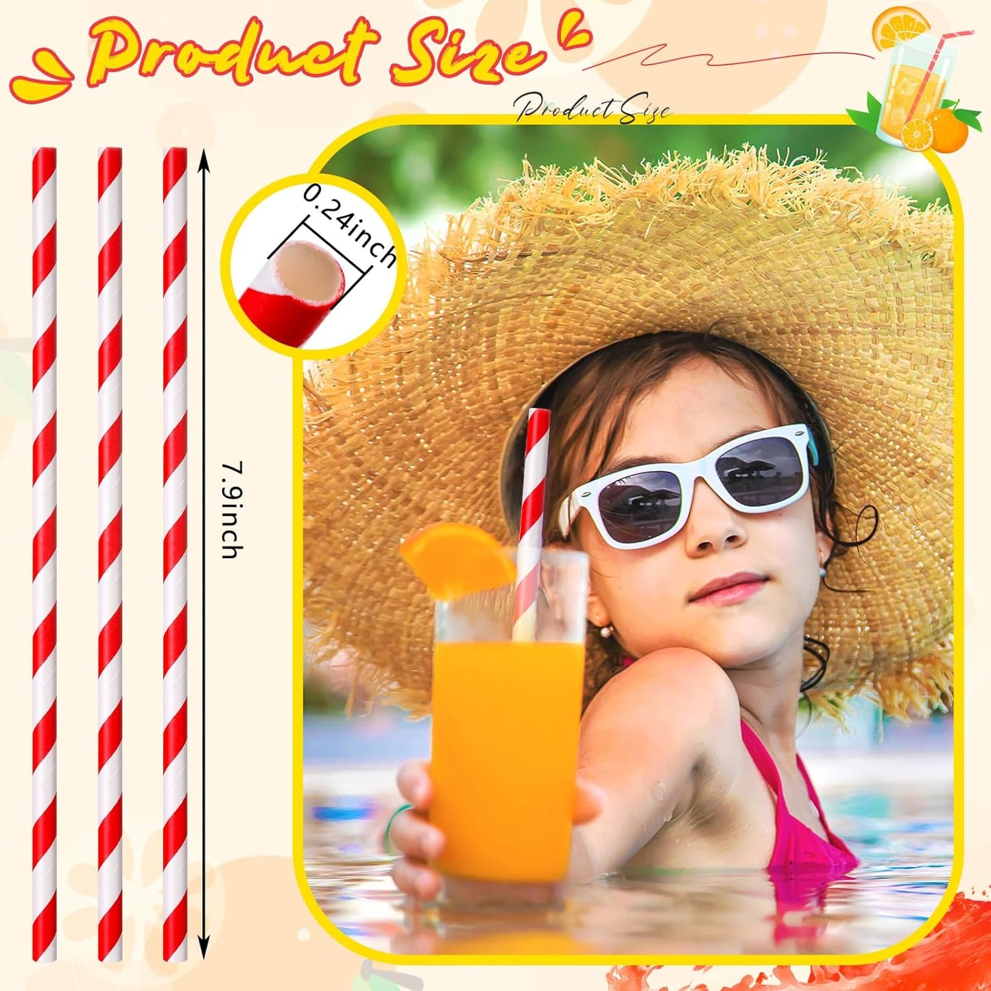 Eaasty 1200 Pcs Colored Paper Straws Bulk Disposable Striped Drinking Paper Straws for Summer Juice, Shakes, Cocktail,7.87 Inches, 0.24'' Diameter (Red)