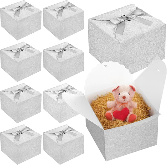 VGOODALL Sliver Glitter Gift Boxes, Paper Treat Boxes Shiny Candy Box with Ribbon for Wedding Cookie Chocolates Small Gifts