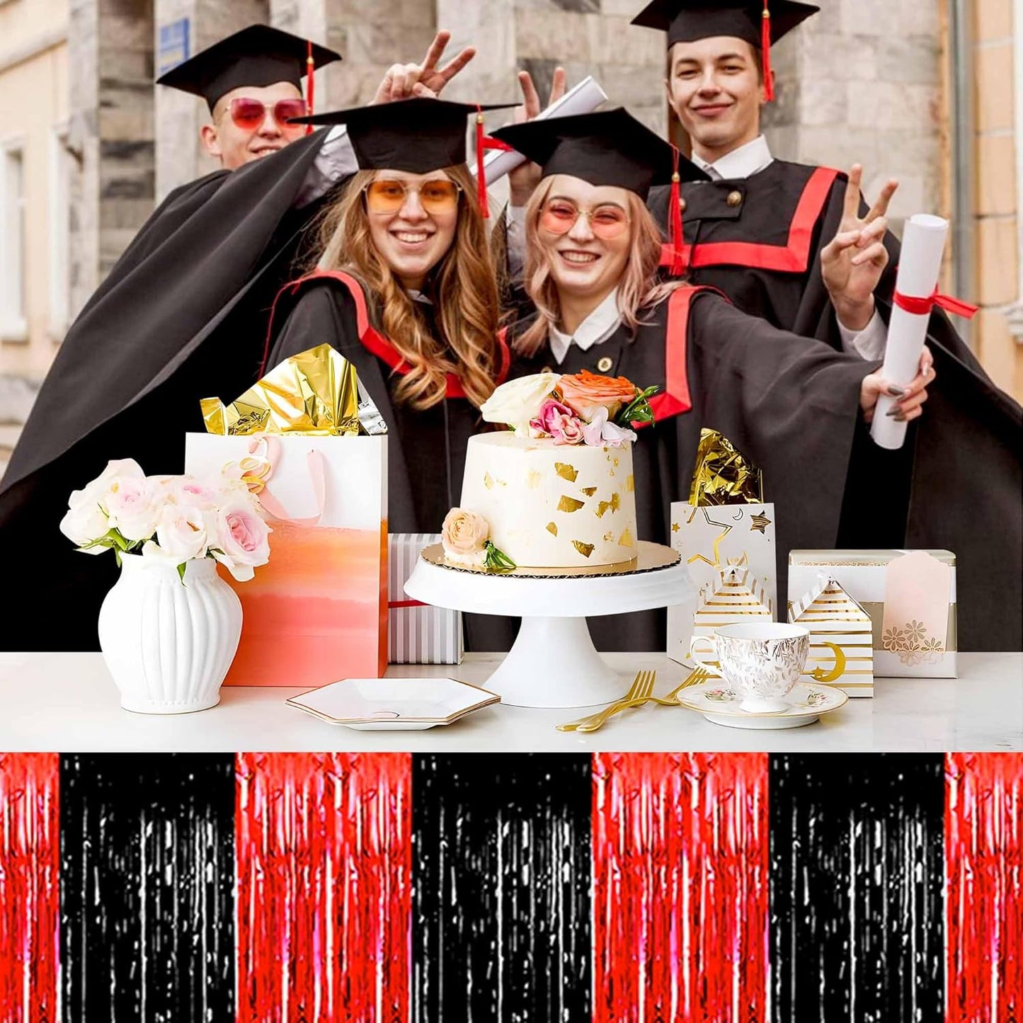 3 Pack Black and Red Foil Fringe Table Skirts Metallic Tinsel Streamers Garland Banner Backdrop for Table Decor, Parade Float, Birthday, Wedding, Halloween, Christmas Party Decorations(29x108 In)