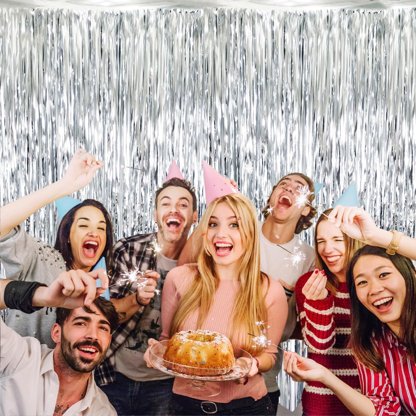 GOER 6.4 ft x 8.2 ft Metallic Tinsel Foil Fringe Curtains,Pack of 2 Party Streamer Backdrop for Birthday,Graduation Decorations and New Year Eve (Silver)