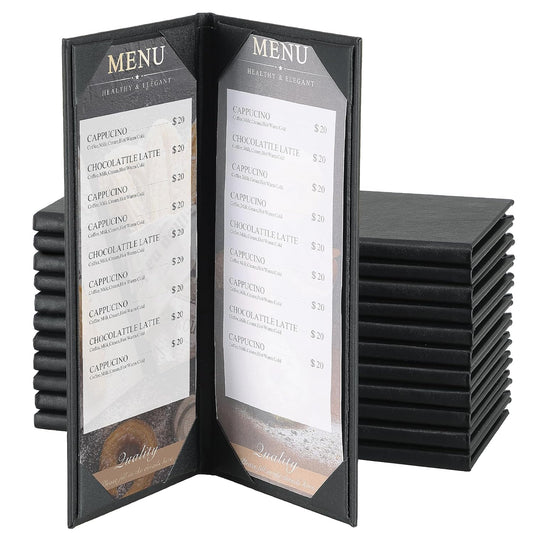 12 Pack 2 View Menu Holder Menu Covers 4.25" x 11" | Black Leather Menu Sleeves Book Style for Restaurant Coffee Bars Wine List