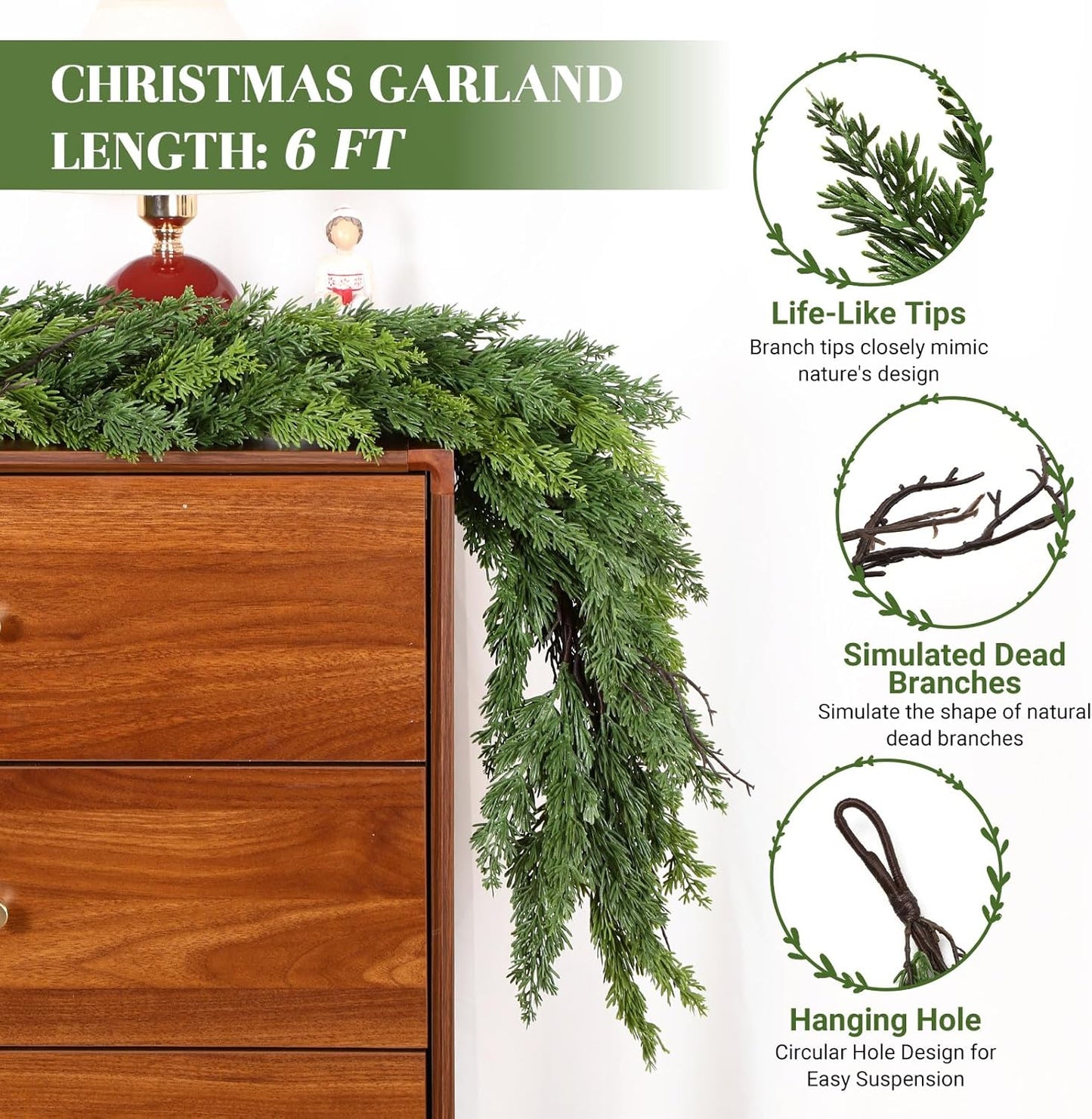 6FT Artificial Christmas Garland, Realistic Greenery Cypress Pine Garland for Mantle Table Railing Fireplace Indoor Outdoor Christmas Decoration