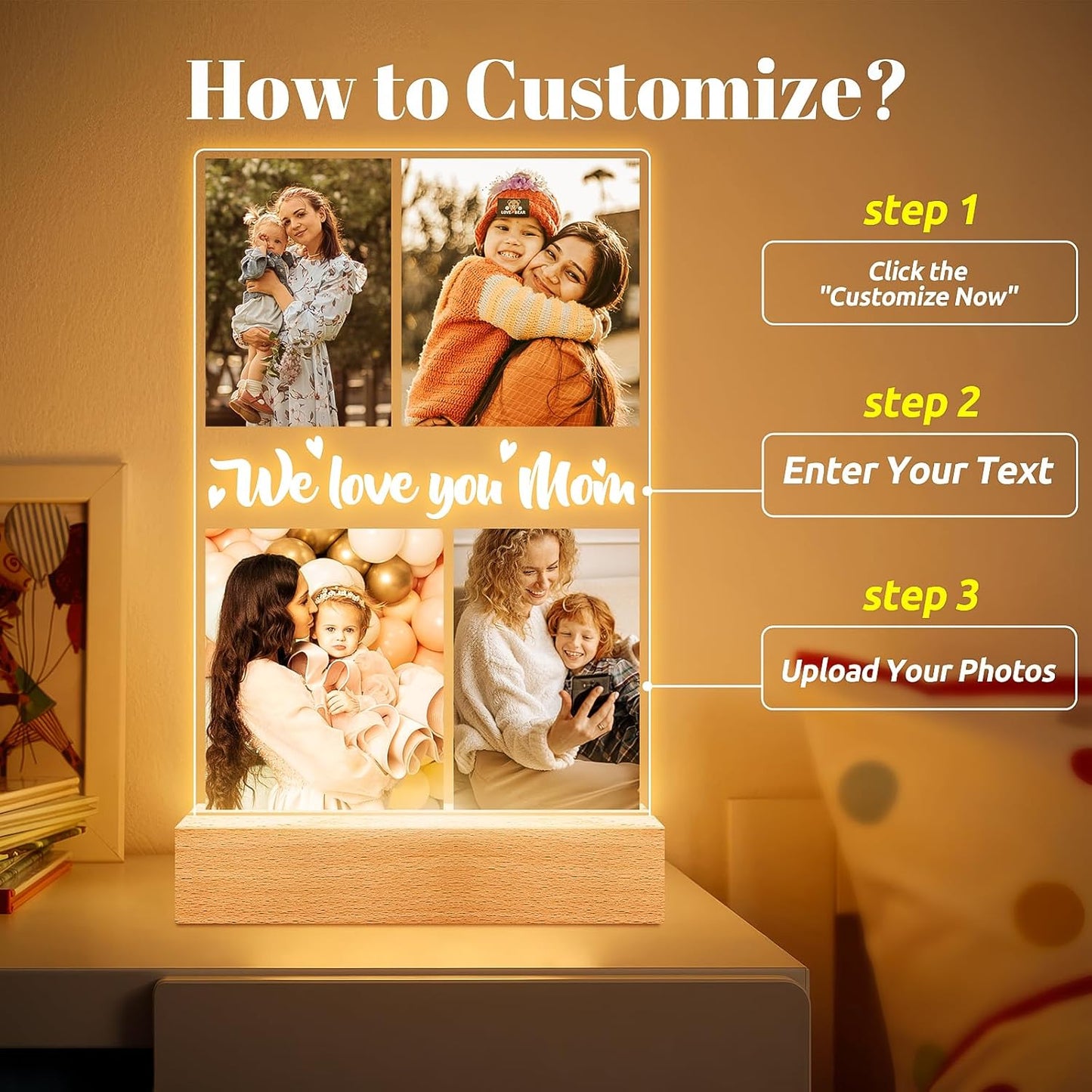 Personalized Picture Frame with Night Light, Customized Photo Frame with Photos, Customized Photo Gifts for Mom Girls Boys, Personalized Birthday Gifts for Mom, Kids, Baby, Family