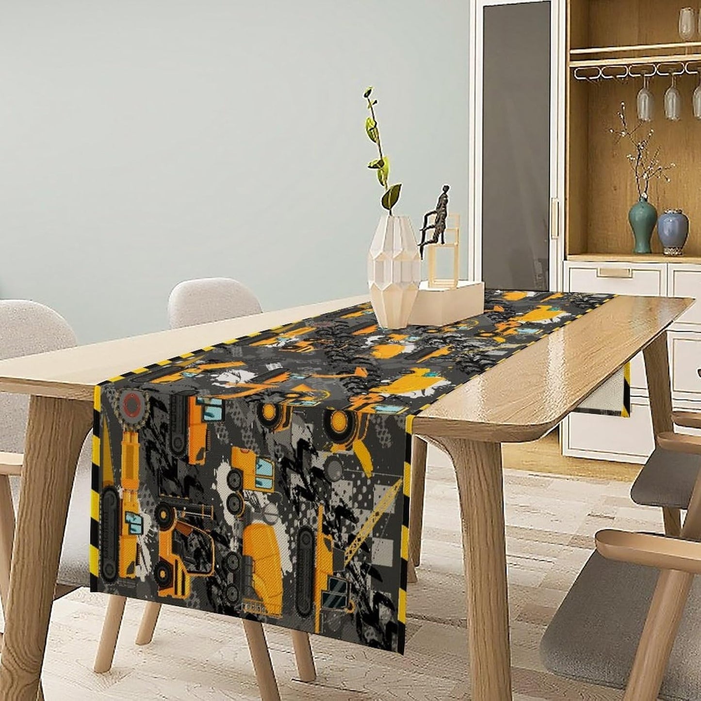 Cartoon Car Table Runner,Boy Kids Construction Yellow Tractor Excavator Tablecloth Burlap for Hotel Indoors Outdoor Dining Room Kitchen Home Decor,W13X L90 in