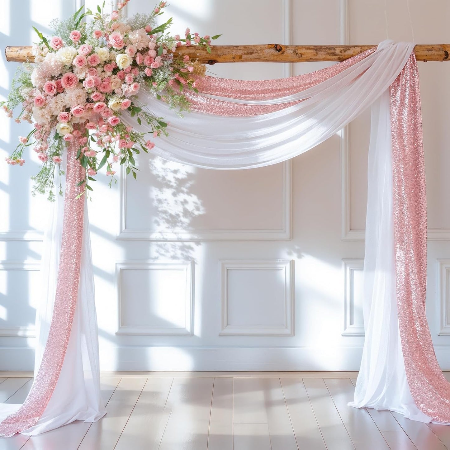 Wedding Arch Draping Fabric, 1 Panel 28" x19ft White Arch Drapes & 1 Panel 16" x19ft Rose Gold Sequin Fabric Drapes Arbor Backdrop Curtain for Wedding Arch Ceremony Bridal Shower Reception