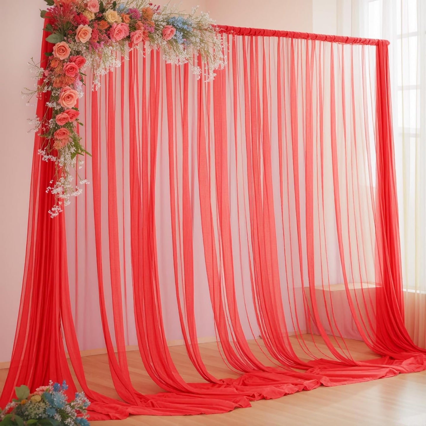 10x10ft Red Tulle Backdrop Curtain for Parites, Sheer Backdrop Curtains for Wedding Baby Shower Birthday Party Photo Shoot Decorations