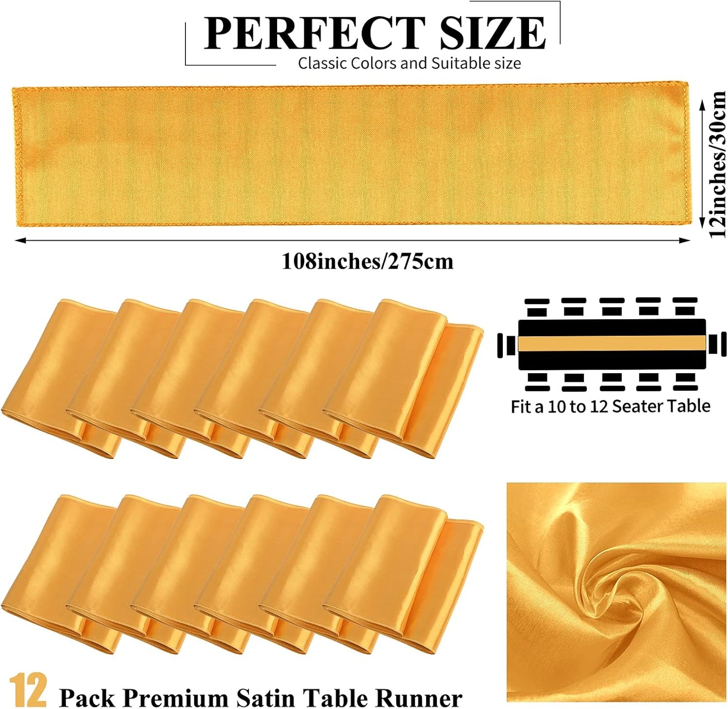 12 Pack Gold Satin Table Runner,12 x 108 inch Long Premium Smooth Table Runner for Wedding, Banquets, Birthday, Party, Graduation, Engagements, Table Runners fit Rectangle and Round Table