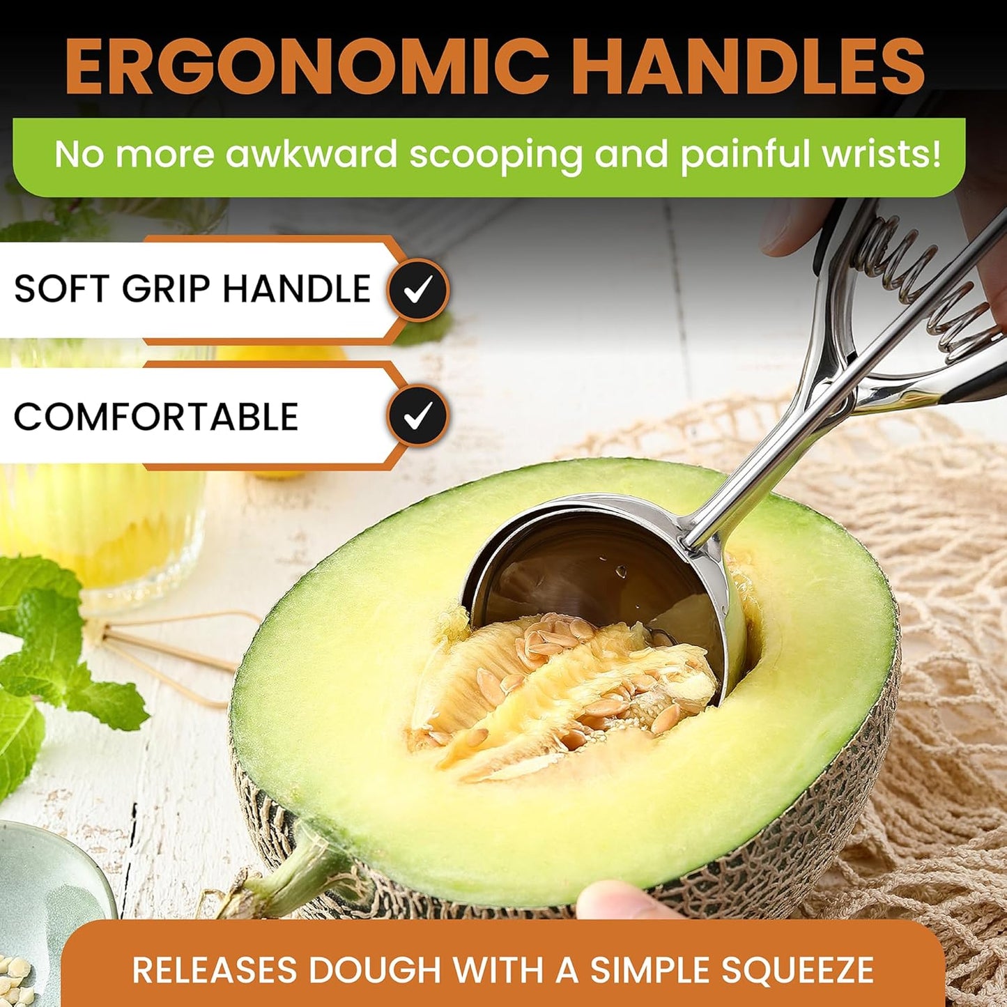 Spring Chef Extra Large Cookie Scoop, 18/8 Stainless Steel Melon Baller Scoop, Spring Loaded Trigger Release for Cookie Dough, Ice Cream, Meatball, Cupcake, 5.5 tablespoon (tbsp) portion, #10, Black