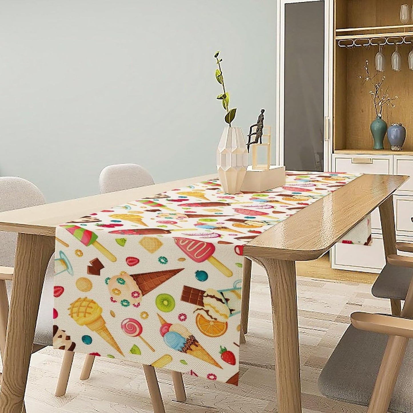 Ice Cream Table Runner, Fruit Ice Popsicles Cold Summer Desserts Seasonal Dinner Runner for Party Holiday Home Kitchen Dining Table Decor 13"x90"