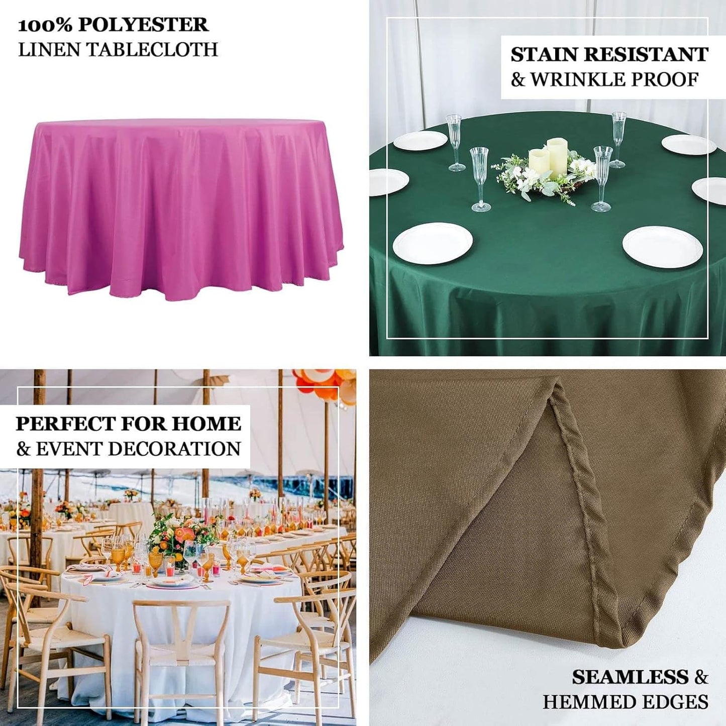 Efavormart Round Tablecloth, 132 Inch Stain & Wrinkle Resistant Washable Table Cloth, Decorative Polyester Fabric Table Cover for Banquet, Wedding, Dining- Fushia