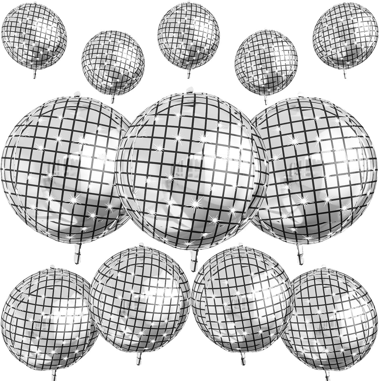 12Pcs Disco Ball Balloons, 22" 15" 10" 4D Aluminum Foil Balloons, Metallic Silver Disco Balloon for Birthday Bachelorette Disco 70s 80s 90s Themed Graduation New Year Eve Prom Party Decorations