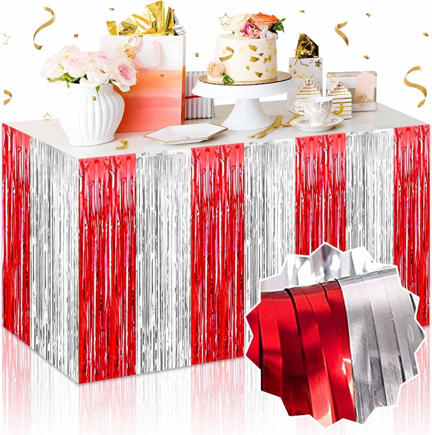 3 Pack Red and Silver Foil Fringe Table Skirts Metallic Tinsel Streamers Garland Banner Backdrop for Table Decor, Parade Float, Birthday, Wedding, Halloween, Christmas Party Decorations(29x108 In)