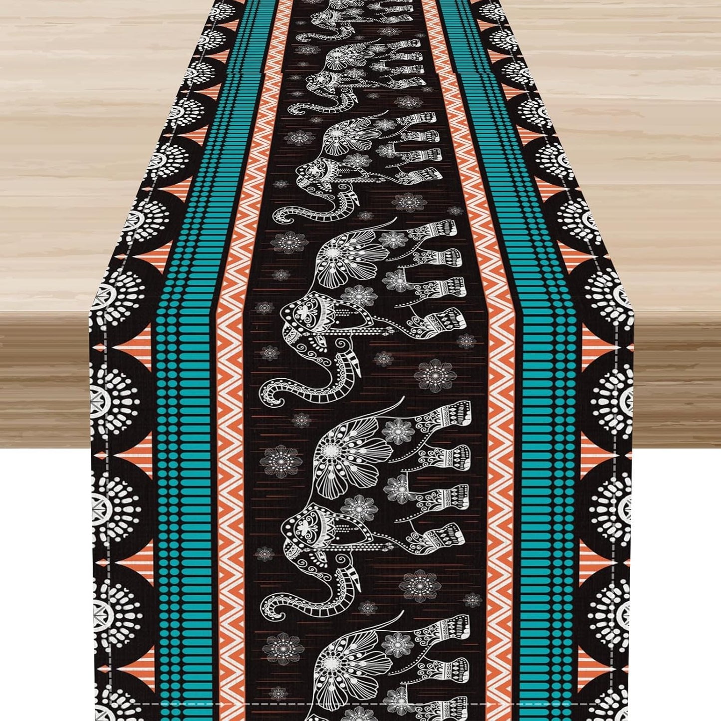 Boho Elephant Table Runner, Vintage Tribal Traditional Bohemian African Animals Ethnic Folk Table Center Decor for Home Kitchen Dining Patio Holiday Party Indoor Table Decorations, 13"x108" Inch