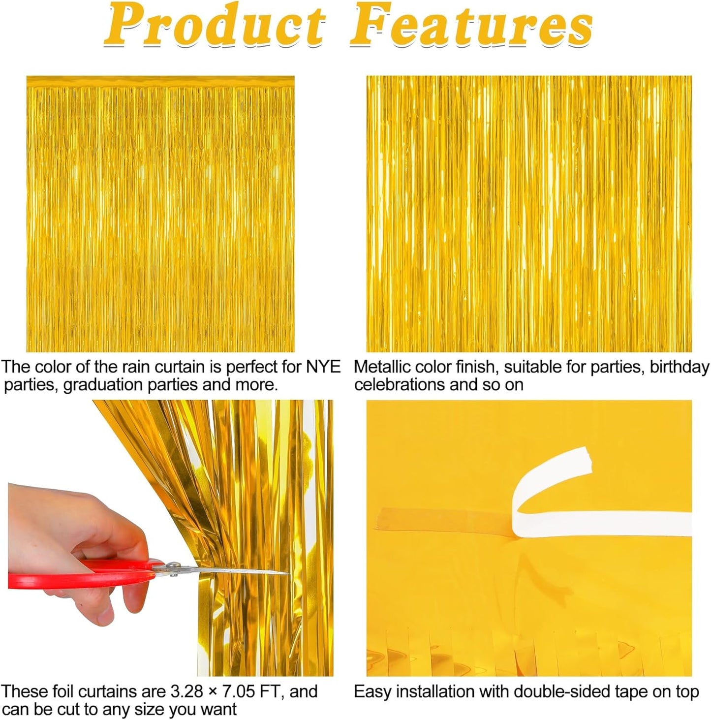 2 Pack Gold Tinsel Backdrop, 3.28 FT x 7.05 FT Metallic Fringe Curtain, Gold Color Graduation Backdrop Party Streamers, Party Supplies Door Decorations for Birthday Anniversaries