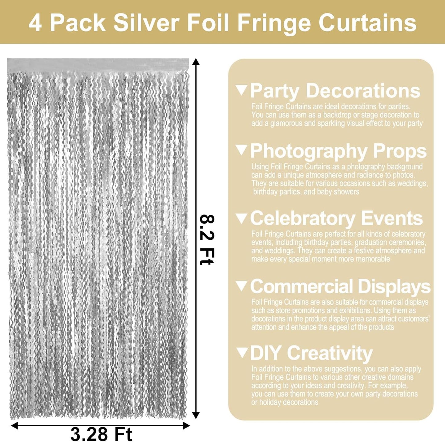 4 Pack Silver Wave Foil Fringe Curtain Backdrop, 3.28Ft x 8.2Ft Metallic Tinsel Foil Fringe Streamer Curtains for Photo Booth, Mother's Day, Easter, Birthday, Wedding Party Decoration