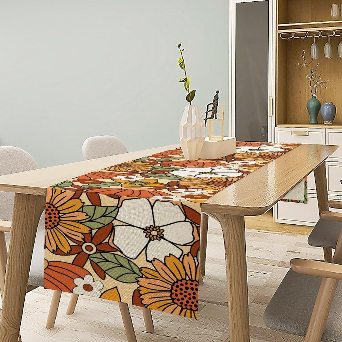 Vintage Floral Table Runner,Boho 70s Style Retro Flower Table Cloth Kitchen Dining Table Home Party Decoration 13x90 Inch