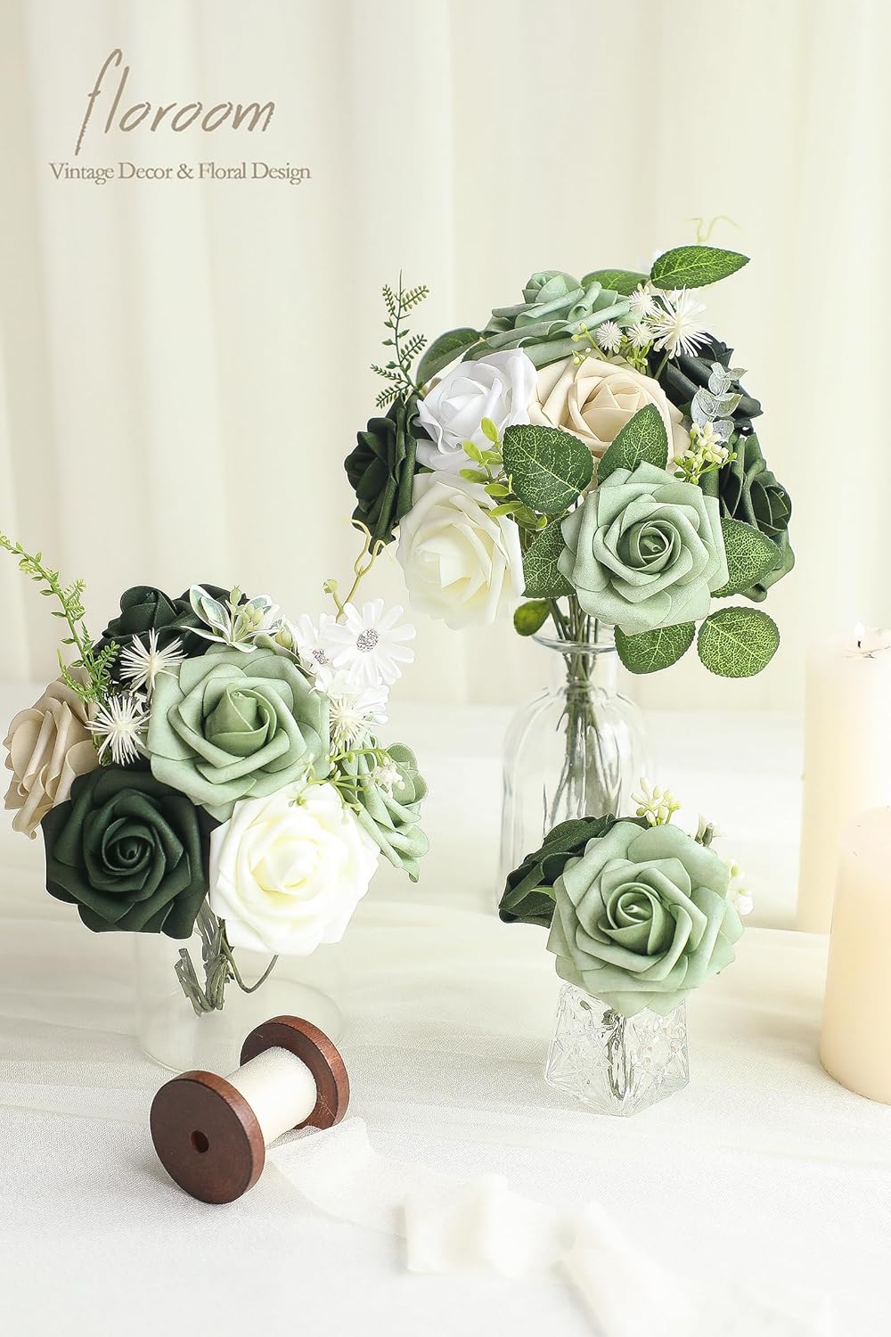 Floroom Artificial Flowers 25pcs Real Looking Elf Green Foam Fake Roses with Stems for DIY Wedding Bouquets Bridal Shower Centerpieces Sage Green Floral Arrangements Home Decorations