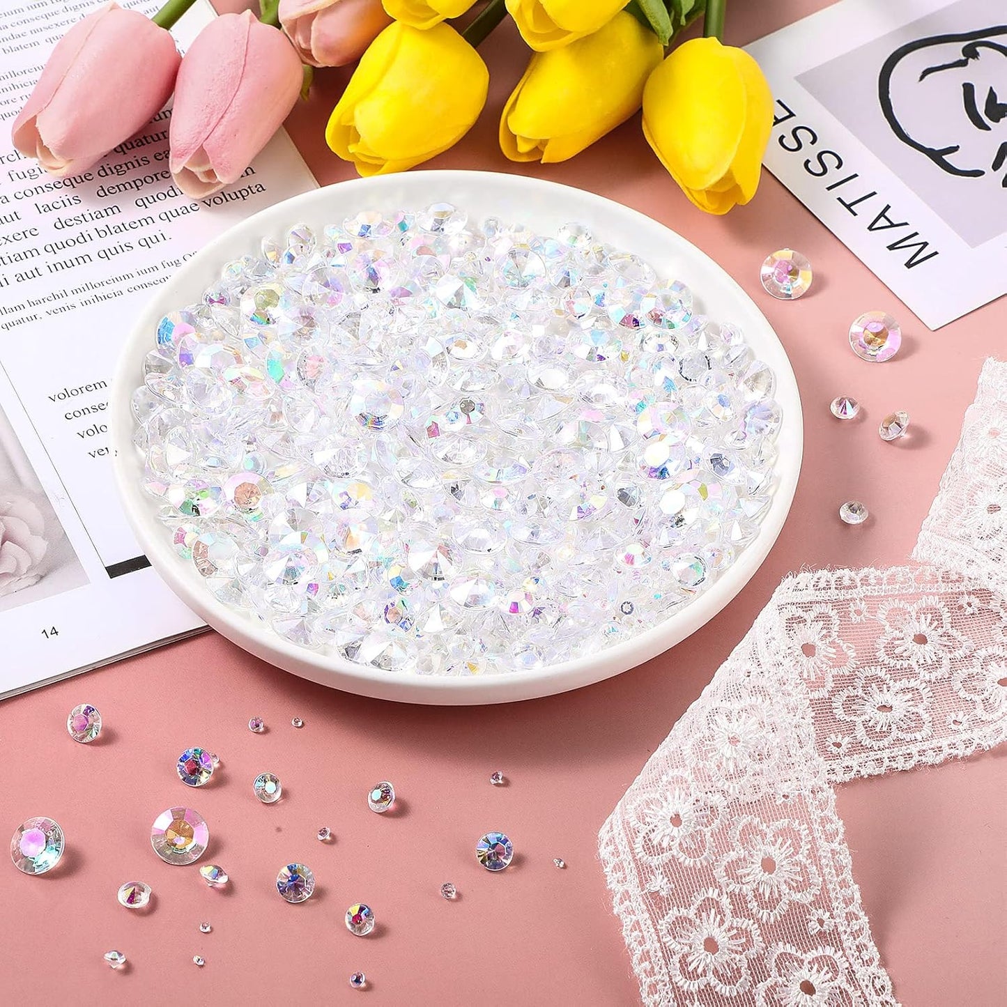 Hicarer 800 Pieces Diamond Decorations Acrylic Diamond Table Scatter Crystals for Table for Vase Fillers Party Decorations(12, 8, 6, 3, 2mm,AB Color)