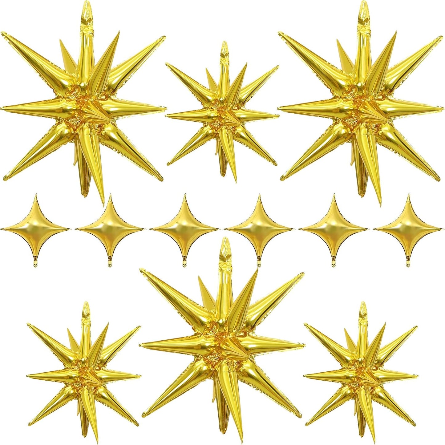 Gold Star Balloons 12pcs, 27/22 Inch Foil Star Explosion Balloons, Large Spike Mylar Cone Balloon, Fireworks Shape Balloon Party Decor for Anniversary New Year Graduation Birthday