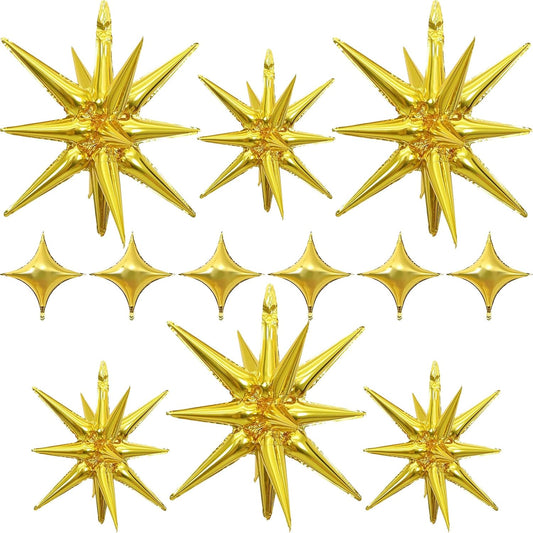 Gold Star Balloons 12pcs, 27/22 Inch Foil Star Explosion Balloons, Large Spike Mylar Cone Balloon, Fireworks Shape Balloon Party Decor for Anniversary New Year Graduation Birthday
