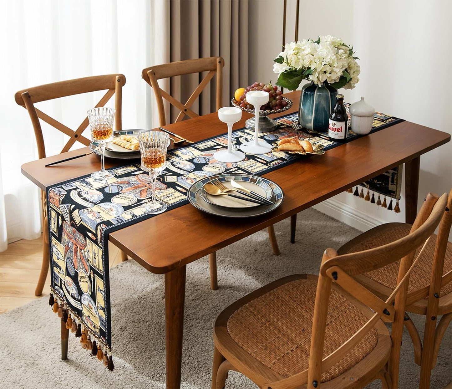 13×72 Inch Table Runner, Retro-Luxury Tassels Series for Kitchen Dining Table Holiday Decoration (Yankee Style)