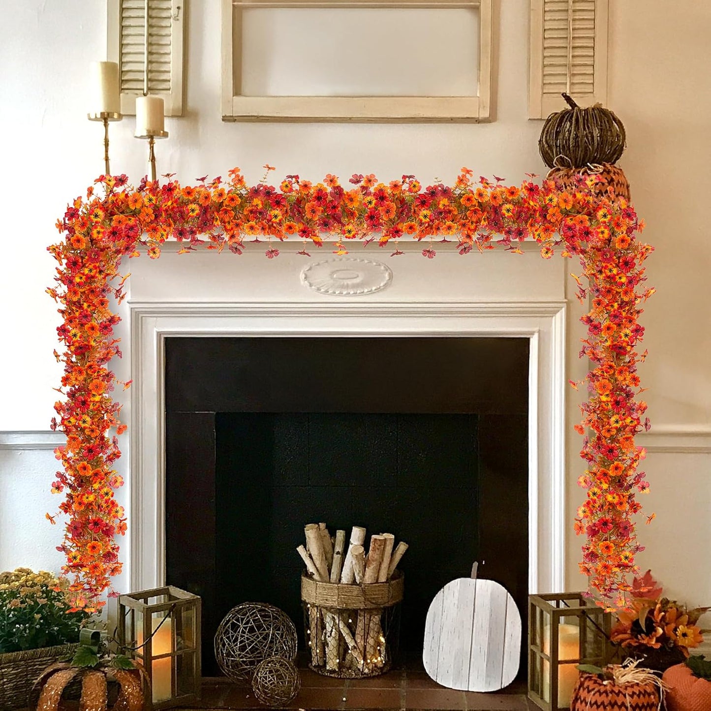 Fall Mums Flowers Artificial Garland for Decoration, 4 Pack 5.9 FT Faux Mums with Eucalyptus Leaves Ivy, UV Resistant Fake Fall Daisy Floral Vine Flowers for Home Garden Wedding Backdrop Decor