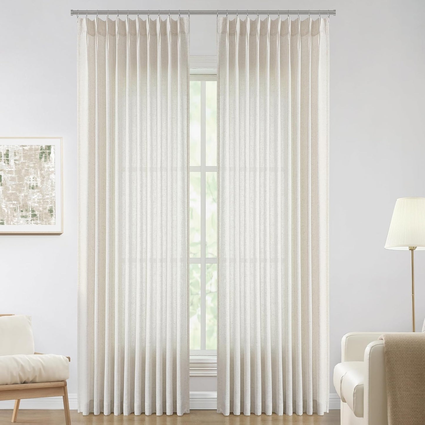 Vision Home Natural Pinch Pleated Semi Sheer Curtains Textured Linen Blended Light Filtering Window Curtains 120 inch for Living Room Bedroom Patio Pinch Pleat Drapes with Hooks 1 Panel 60" Wx120 L