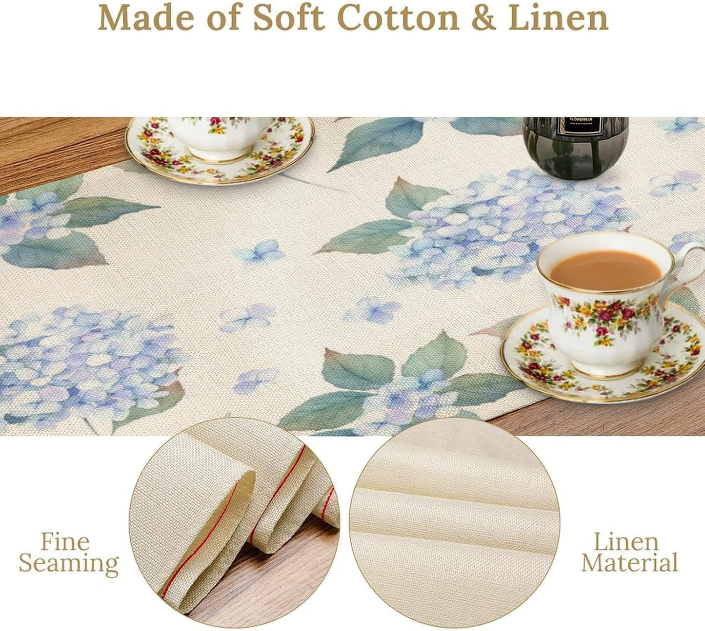 Spring Hydrangea Flower Table Runner, Seasonal Summer Plants Watercolor Blue Florals Dinner Runner for Home Kitchen Dining Table Party Holiday Decoration 13"x108"