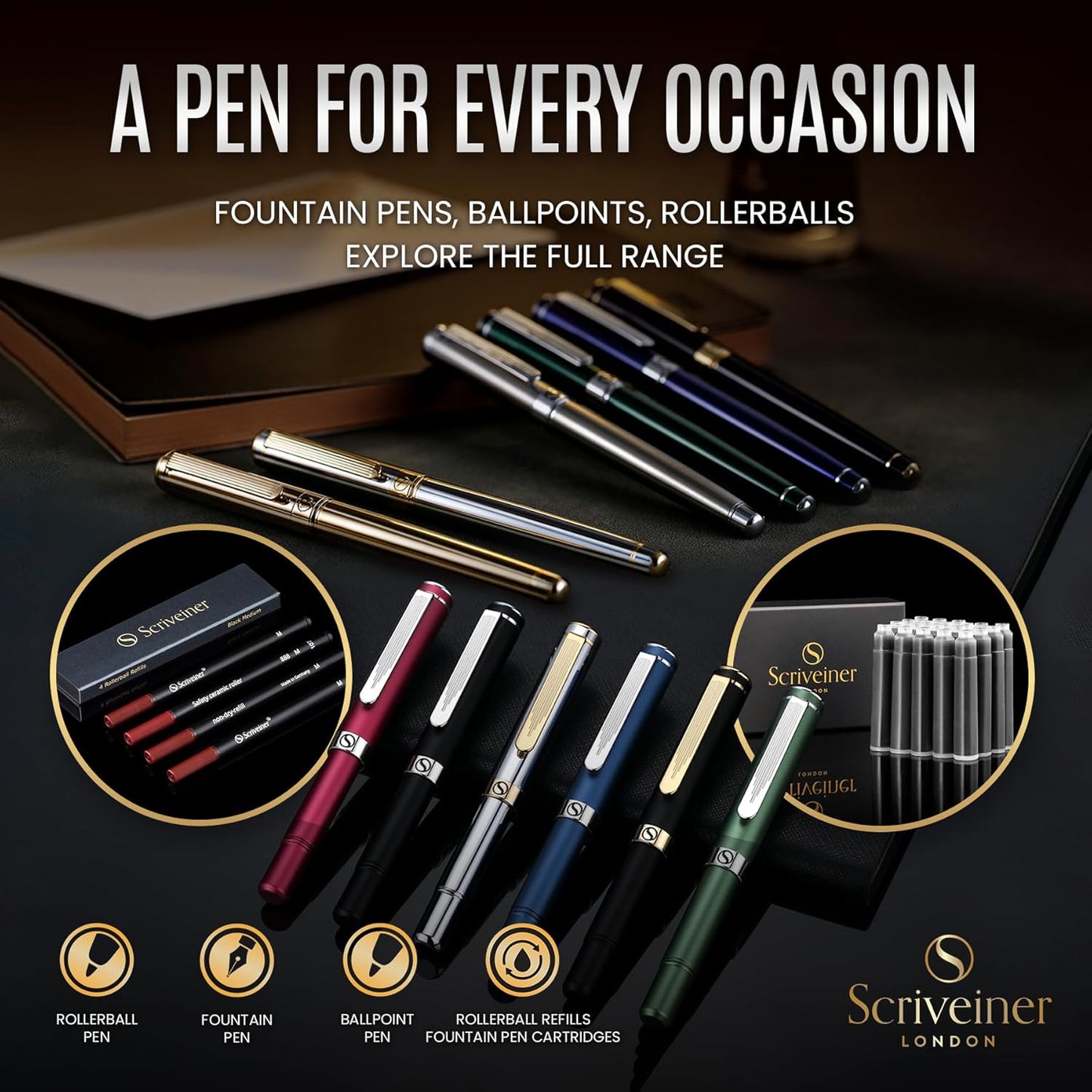 Scriveiner Midnight Blue Fountain Pen - Stunning Luxury Pen with Chrome Appointments, Schmidt Nib (Medium), Best Pen Gift Set for Men & Women, Professional, Executive, Office, Nice Pens