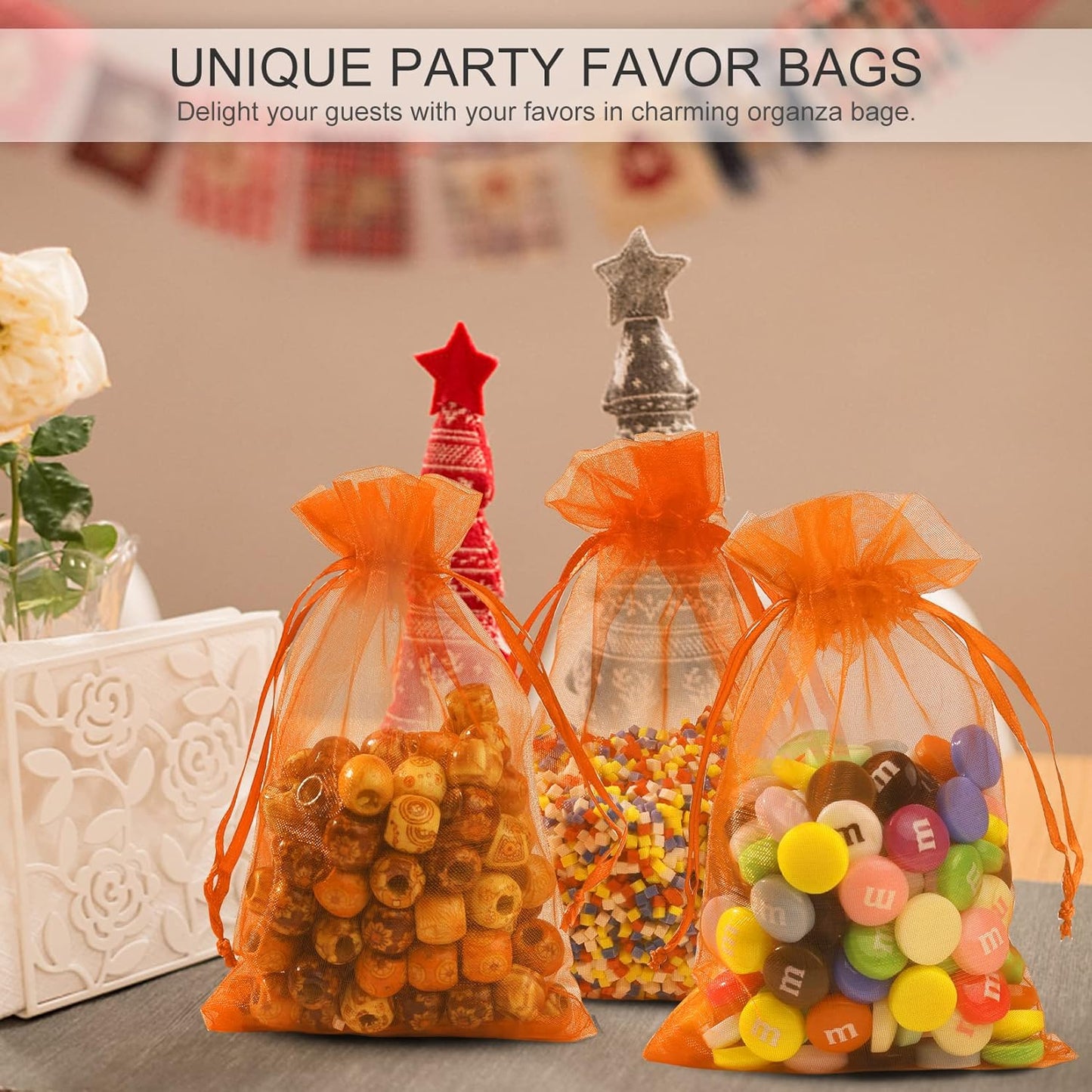 ANZNKU 100 Pack Organza Bags - 4x6 inch Small Sheer Mesh Gift Bags with Drawstring - Premium Orange Favor Bags for Halloween, Wedding, Party, Christmas