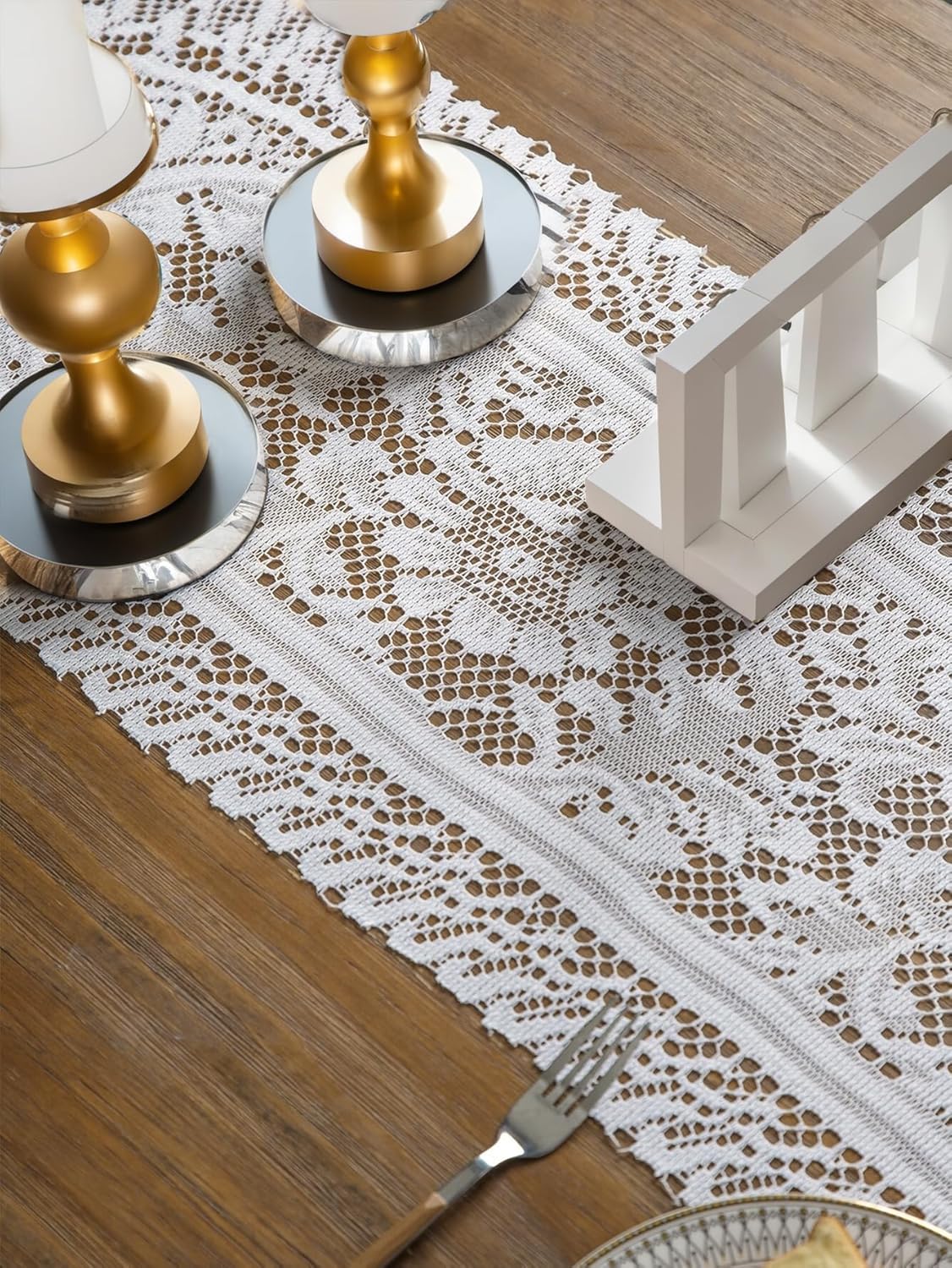 Jayla White Lace Table Runners, Elegant Vintage Lace Table Runner, Wedding Lace Decor with Floral Embroidery,Tea Party Decor, 13x72 Inch